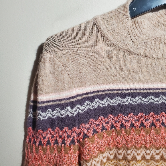 Anthropologie Ett:Twa Fargo Fair Isle Sweater Alpaca Blend Mock Neck Striped Tan - Picture 7 of 13